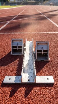 Starting blocks on a red running track with white lines with blurred background stadium metal starting track field competition athletics exercise fitness sports racing with event