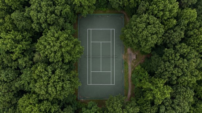 Aerial view of isolated tennis court in dense forest with court surrounded lush lush green trees solitary tennis environment recreation landscape facility serenity with peaceful