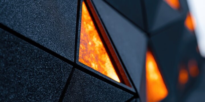 Geometric dark facade with glowing orange triangular insets