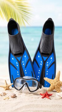 Scuba diving gear on sandy beach with starfish with starfish seashells ocean equipment tropical vacation leisure holiday travel sports water black fins mask blue