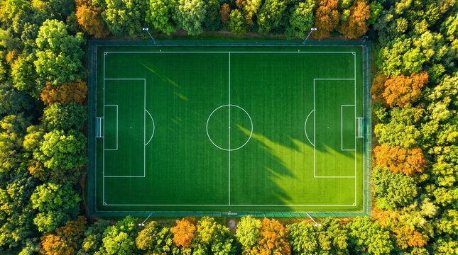 Aerial view of soccer field in forest green grass with field surrounded trees environment recreation landscape facility outdoor leisure autumn leaves sports nature