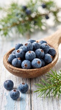 Fresh juniper berries in wooden spoon on rustic table with sprigs juniper background spoon filled ingredient culinary seasonal healthy cooking harvest nature eating with flavor