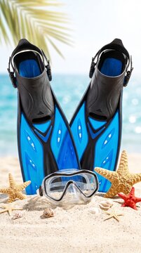 Scuba diving gear on sandy beach with starfish with palm tree background tropical vacation goggles leisure holiday travel ocean water black fins blue