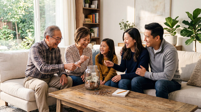 Multi-generational Asian family building savings habits and teaching children financial literacy at home