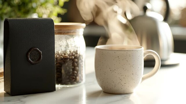 Steaming coffee mug on marble countertop with coffee beans in jar and sealed bag, kettle in background