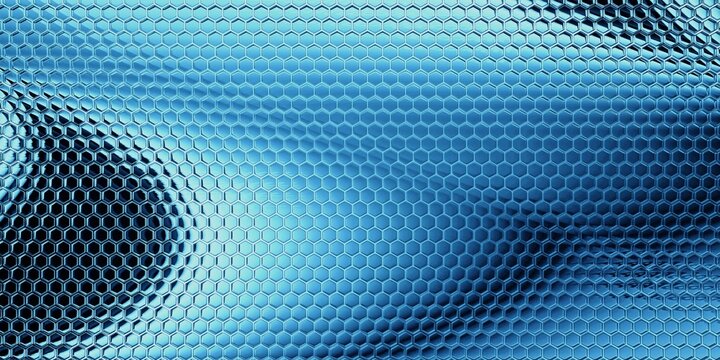 Blue futuristic hexagonal glass background with flowing abstract honeycomb technology texture