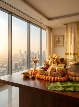 Traditional Onam festival gift hamper with brass lamp and marigold decorations in a modern high-rise apartment overlooking a sunset city skyline, Kerala celebration.