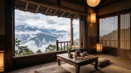 Obraz premium Traditional tatami room with low wooden table and tea set framed by large open window overlooking misty mountain landscape. serene mountaintop retreat with soft lantern light and natural materials.
