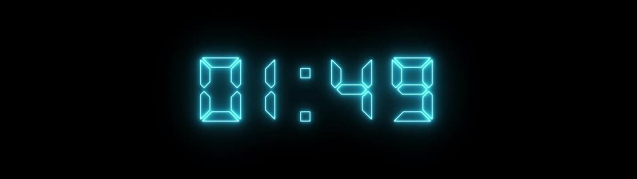 Neon blue digital countdown timer clock display, glowing led seven-segment numbers counting down on black background, for broadcast and motion