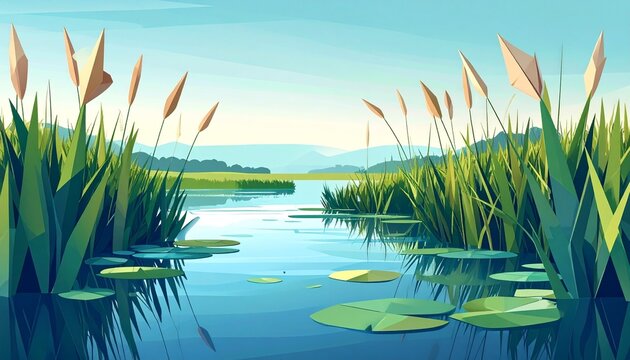 Peaceful River Scene with Tall Reeds and Water Lilies.