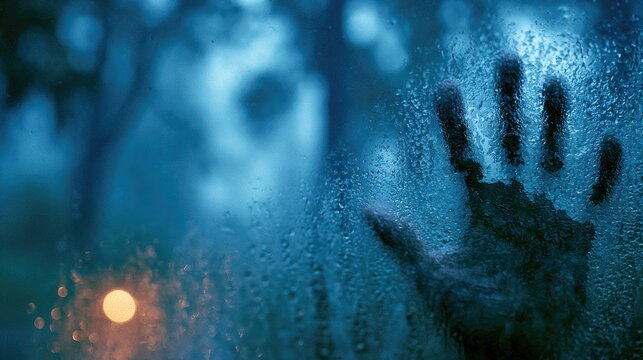 Handprint on steamy window, looking out at blurred, ominous, shadowy figure