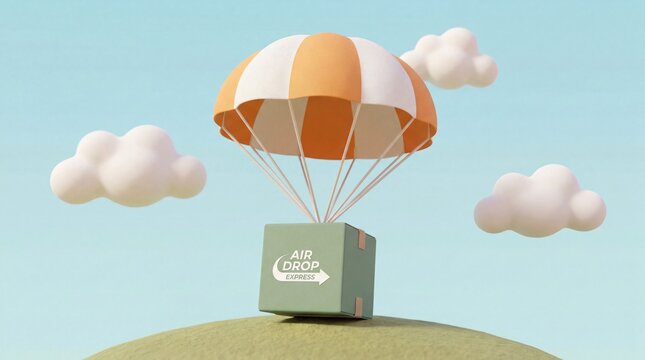 Air Drop Delivery: Parcel Descending by Parachute on Green Hill