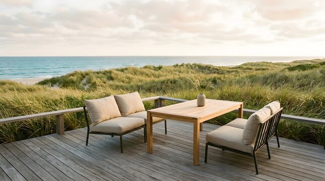 Outdoor patio dining set on a wooden deck overlooking the ocean dunes at sunset