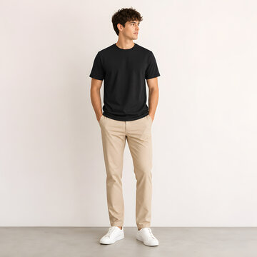 Young Man in Black Crew Neck T-shirt Mockup Standing Casually Against a Clean White Background, Ideal for Apparel Design Presentation and Branding showcasing a new product