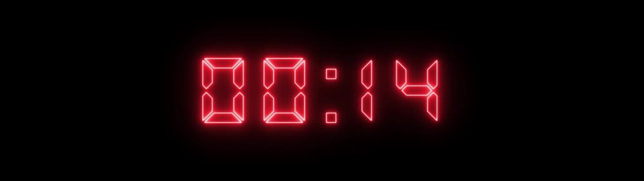 Red digital countdown timer clock display, glowing led numbers counting down on black background, for broadcast and motion
