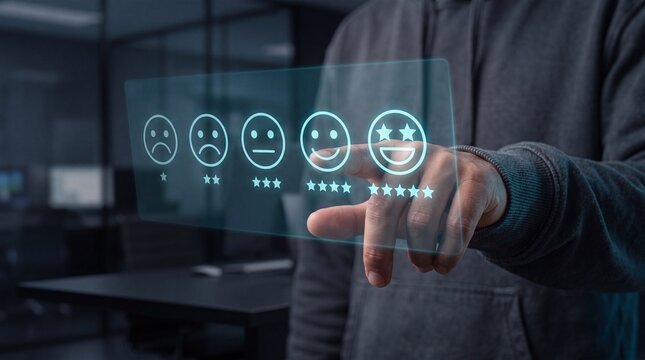 Person giving five star rating with digital emoji icons