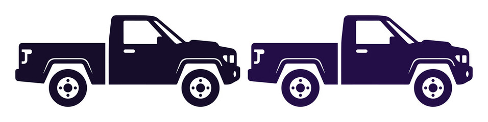 Pickup truck vector silhouettes, modern off-road 4x4 vehicle icons, dark purple utility truck graphics for logistics and automotive branding © Shahzad