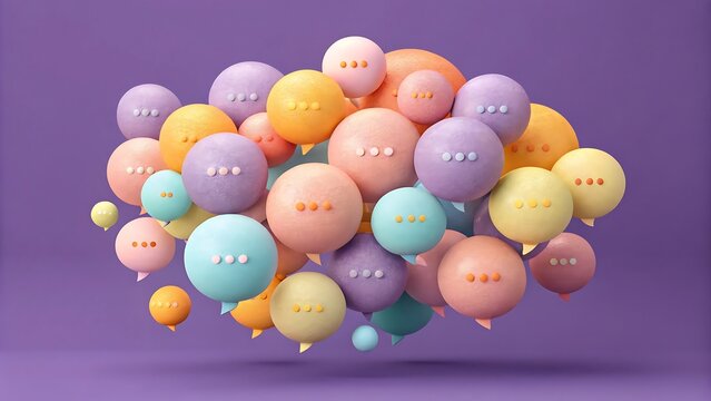 Group of 3D floating spheres with chat bubble icons against a solid purple background three dimensional communication