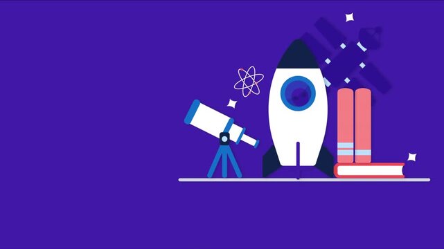 Educational concept animation featuring rocket telescope and books on purple background.