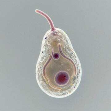Brightfield microscopic image of a Giardia lamblia trophozoite in a human stool smear