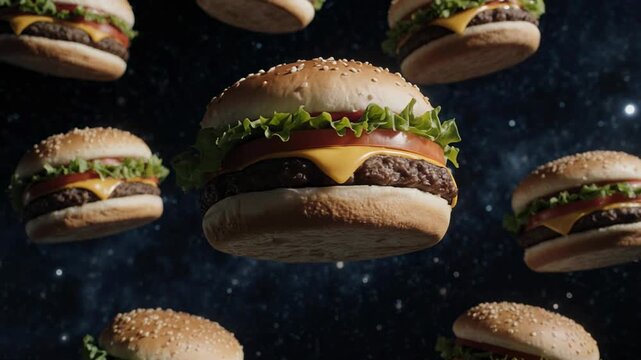 Juicy cheeseburgers floating in a cosmic nebula with cinematic slow motion
