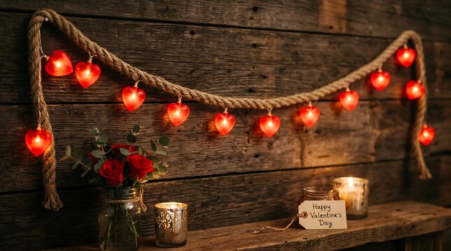 Valentine's day romantic decor with roses, candles, and heart shaped lights.