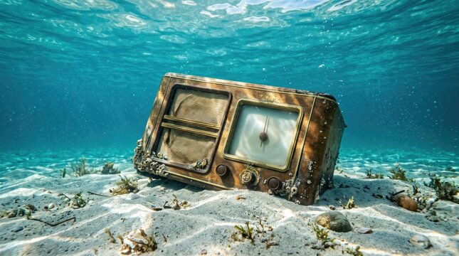 Old wooden radio partly buried in sand tilted on ocean floor with clear water, soft sunlight and surrounding seagrass suggesting long term submersion