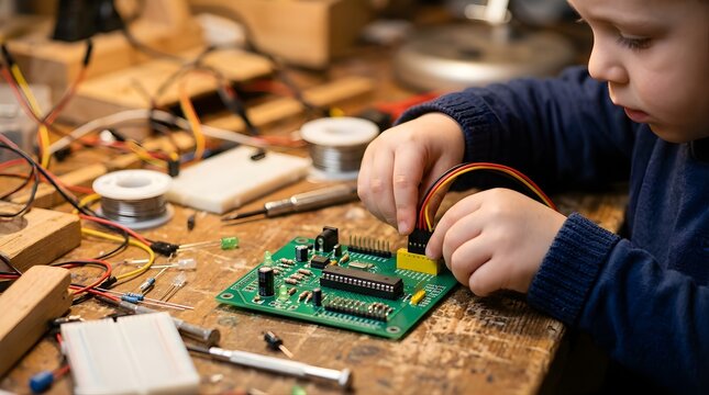 Young boy connecting wires to a circuit board in a workshop