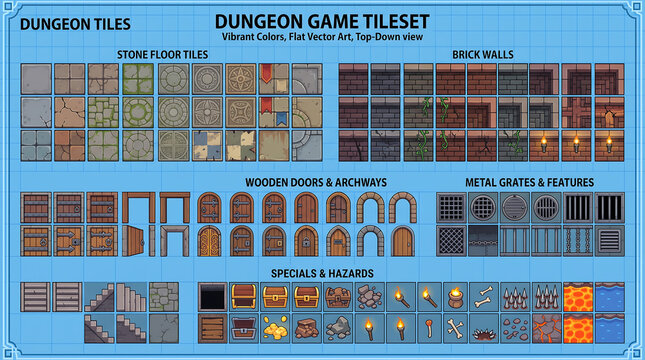 Vibrant flat pixel art top-down dungeon game tileset for survival and crafting development, featuring floors, walls, doors, hazards, and diverse fantasy items