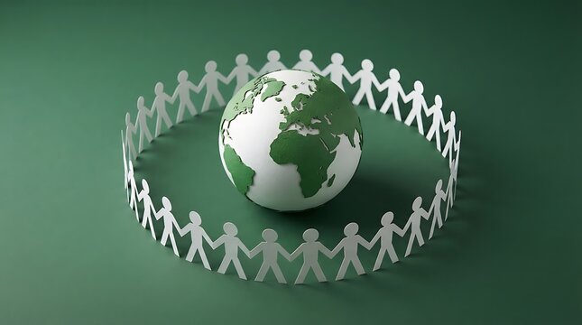 Global teamwork concept with paper figures holding hands around Earth. International collaboration and unity symbol on green background.