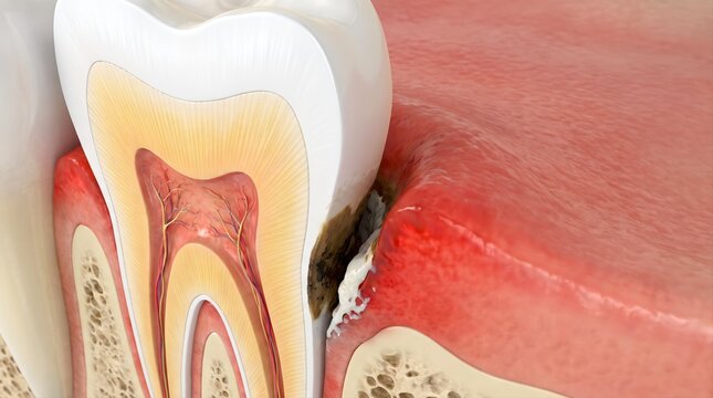 A cross-section illustration of a human tooth showing deep decay, gum inflammation, and bone loss.