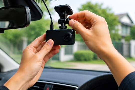 A close-up view of hands installing a small dashboard camera onto the front windshield of a vehicle.