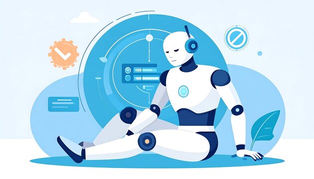 Illustration of a robot character with a tablet and gear symbols.