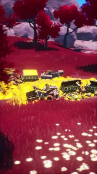 Camera Orbiting Golden Treasure Hoard on Path in Red Fantasy Forest