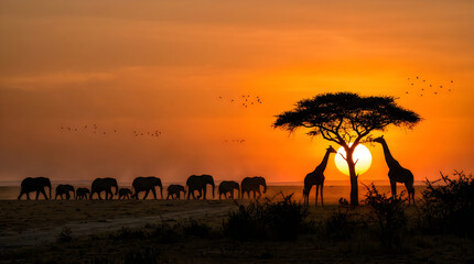 Fototapeta premium A breathtaking silhouette of a large herd of African elephants walking across the vast savanna towards a majestic acacia tree with giraffes at sunset