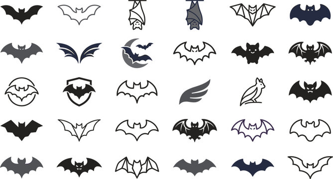 Large Vector Collection of Spooky Bat Logo Badges Comparing Geometric Line Art Outlines Solid Black Silhouettes and Gothic Shield Emblems for Halloween Branding