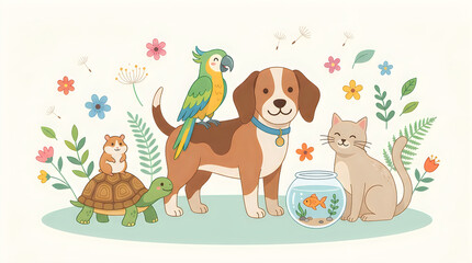 Naklejka premium A charming group of domestic animals including a dog, cat, parrot, turtle, hamster, and goldfish gathered together in a lovely flower garden setting