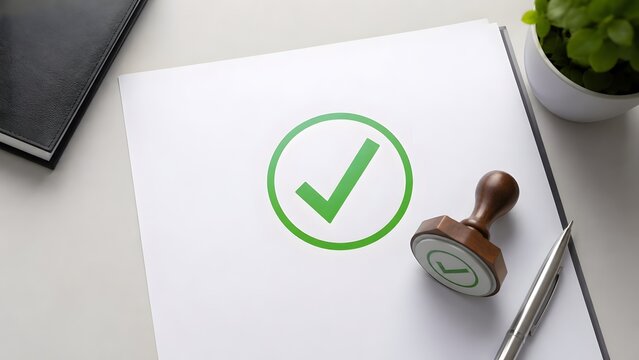 Approved document with green check mark stamp pen and notebook on desk symbolizing compliance quality control and official certification