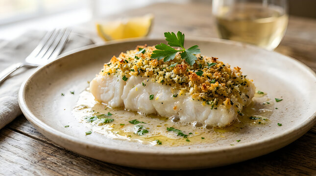 A perfectly baked white fish fillet topped with golden breadcrumbs and fresh herbs sits on a rustic ceramic plate accompanied by a lemon slice and white wine