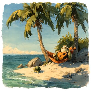Sloth Playing Guitar with Turtle on Tropical Beach