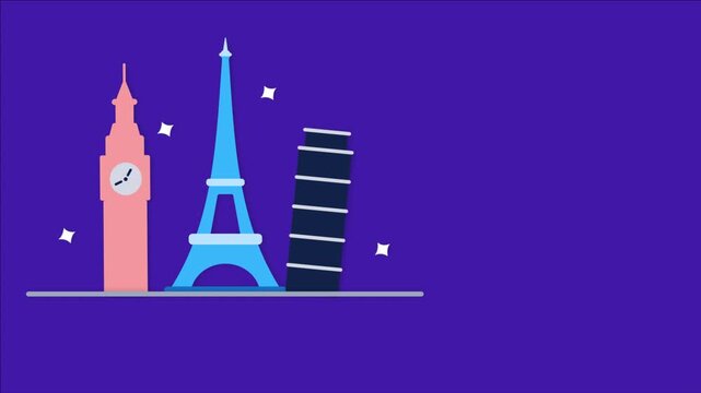 Iconic European Landmark Illustrations on a Purple Background.