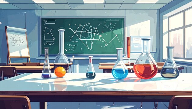 Colorful chemistry lab with beakers and chalkboard equations.