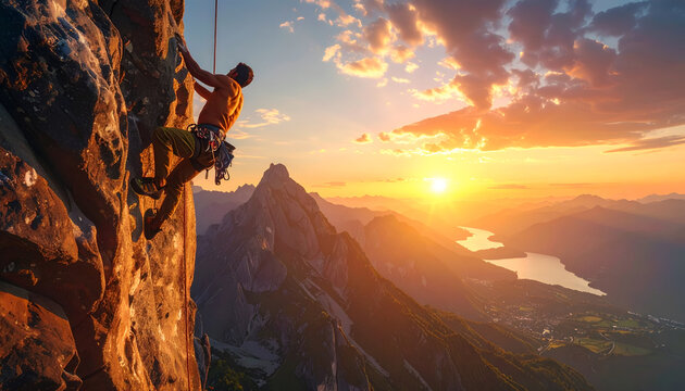 Man Rock Climbing Summit Sunset Adventure.
