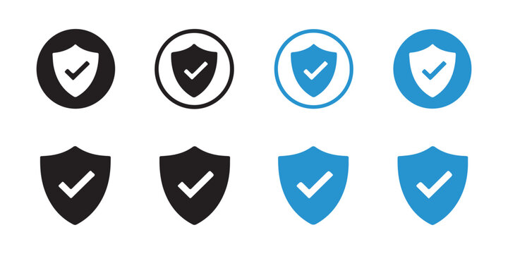 Various shield icons with check mark inside circular frames and standalone isolated on gray backdrop.
