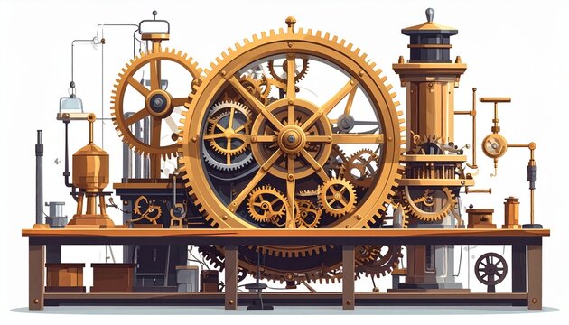 Vintage Brass Steampunk Gear Mechanism on Wooden Base.