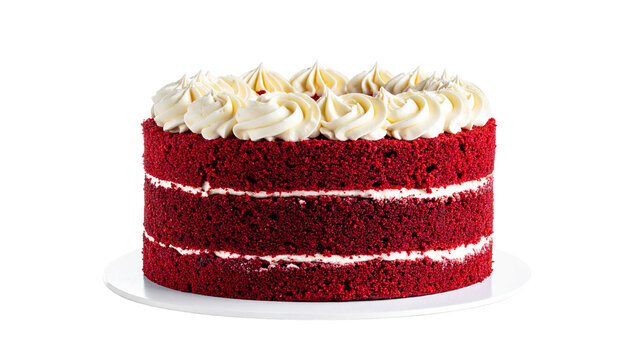 Classic red velvet cake with smooth cream cheese frosting, elegant decorative swirls, moist texture, realistic crumbs, isolated on transparent background.