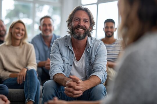 Group of diverse people sitting in a circle in a modern space sharing thoughts and experiences during a discussion in the afternoon light