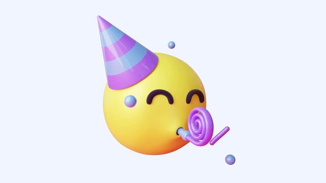 3d render partying face emoji with a party hat blowing a party horn as confetti floats looping animation, emoji with green screen background
