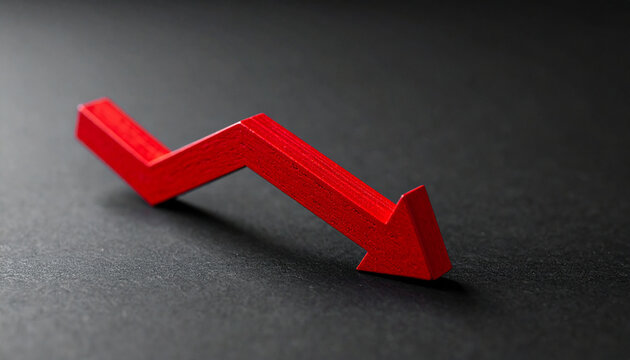 Single red wooden arrow pointing sharply downward on black surface, metaphor for stock market decline, falling business performance and economic downturn, minimalist corporate concept. Close-up.
