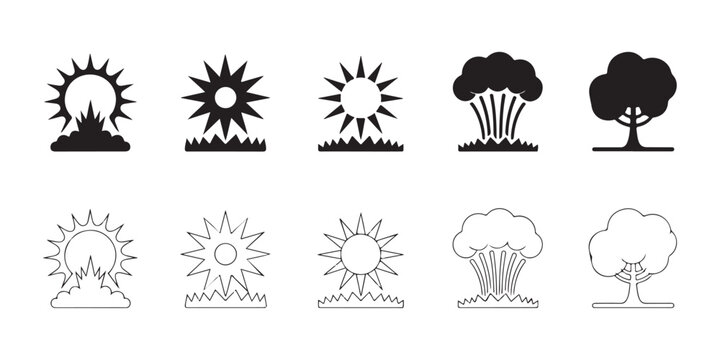 Sun burst icons set with tree and cloud weather shapes in solid black and outlined linear design style.